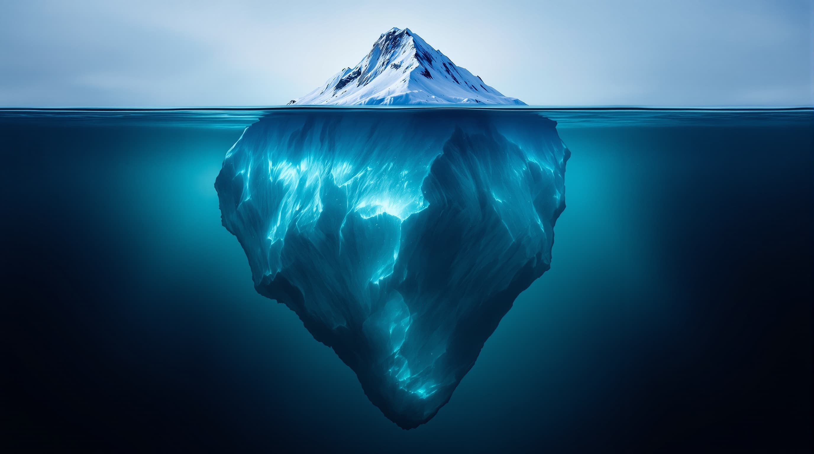 A cinematic iceberg photographed in cross-section, with a small peak above the cold ocean's waterline and an enormous luminous teal-blue mass extending deep below — the metaphor for compounding regulatory damage.